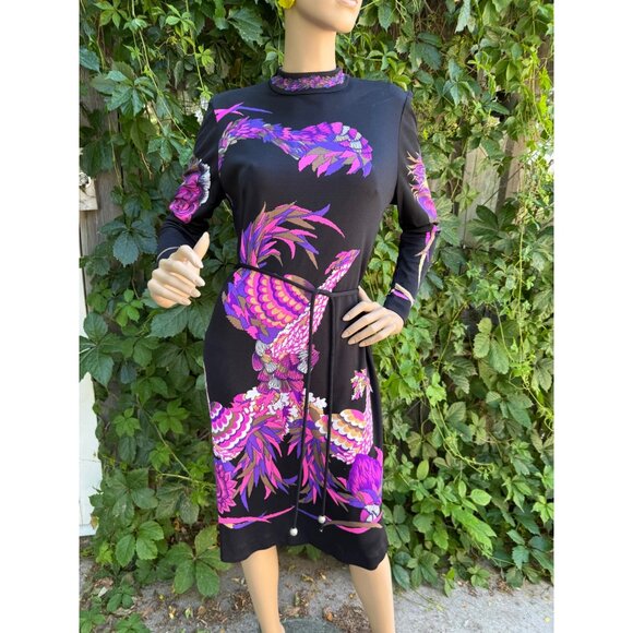 70s Psychedelic Phoenix Novelty Print Dress Long Sleeve Mock Neck Spaghetti Wais - Picture 3 of 10